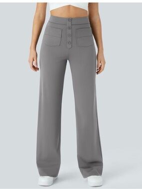 HALARA Day Stretch High-Waist Wide Leg Pants in Gray with Button Front